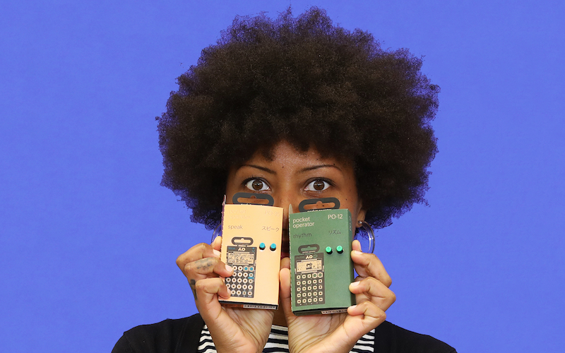 Wexner Center for the Arts House Management staffer Valerie Glenn with holiday gift suggestion of Pocket Operators portable synthesizers by Teenage Engineering