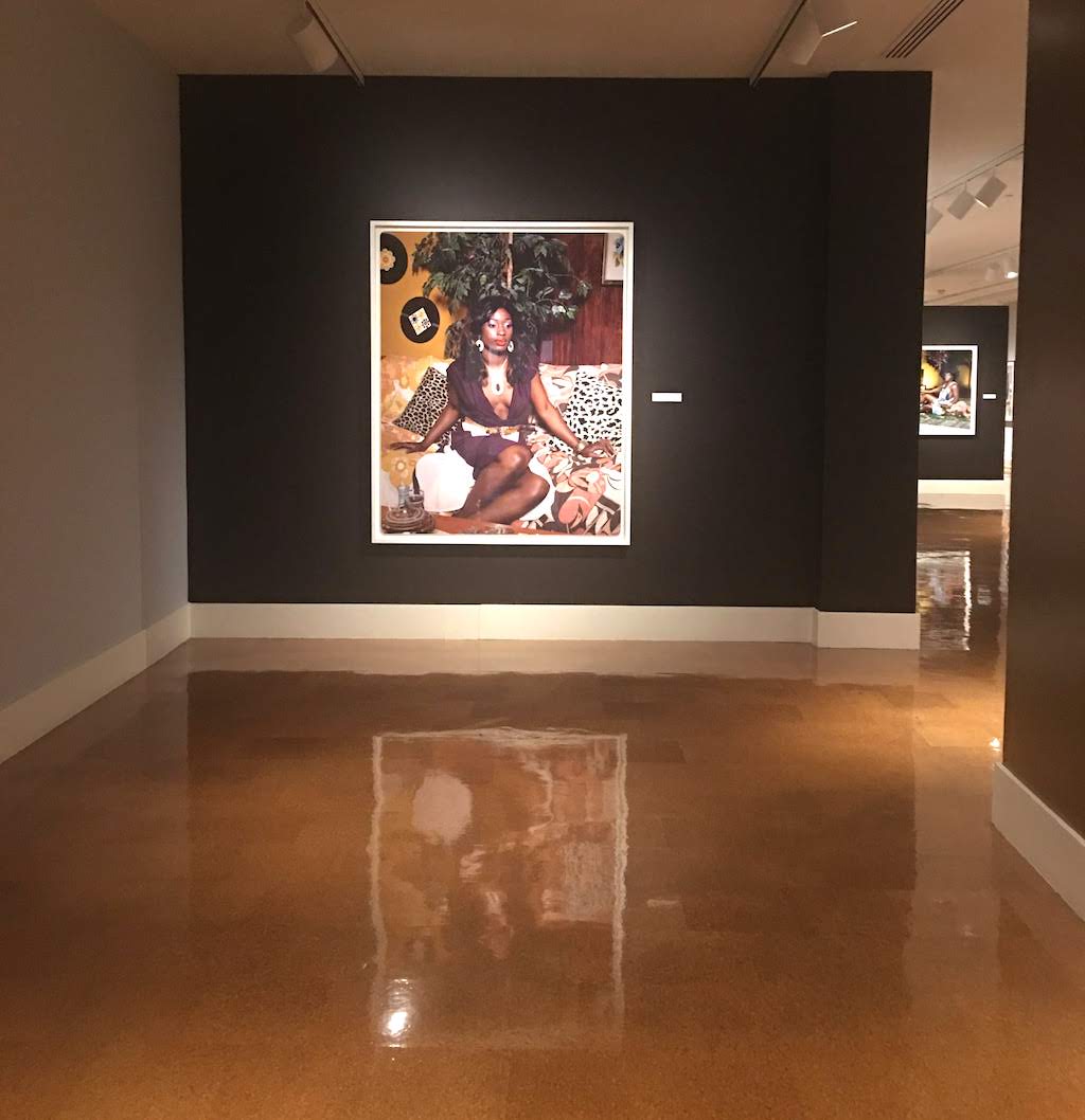 An installation shot of Portrait of Qusuquzah by artist Mickalene Thomas at the Dayton Art Institute