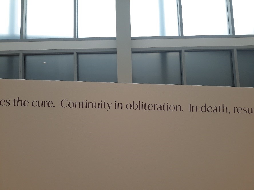 Image of a Precario sculpture made by artist Cecilia VicuñA poem written by Cecilia Vicuña, seen as wall text. Work is on view at the Wexner Center for the Arts in the exhibition Cecilia Vicuña: Lo Precario/The Precarious