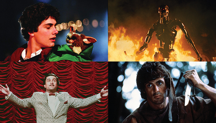 A collage of images from the films Gremlins, The Terminator, The King of Comedy, and First Blood, created for the Wexner Center for the Arts film series Make My Day: Movie Culture in the Age of Reagan, based on the book by film critic J. Hoberman