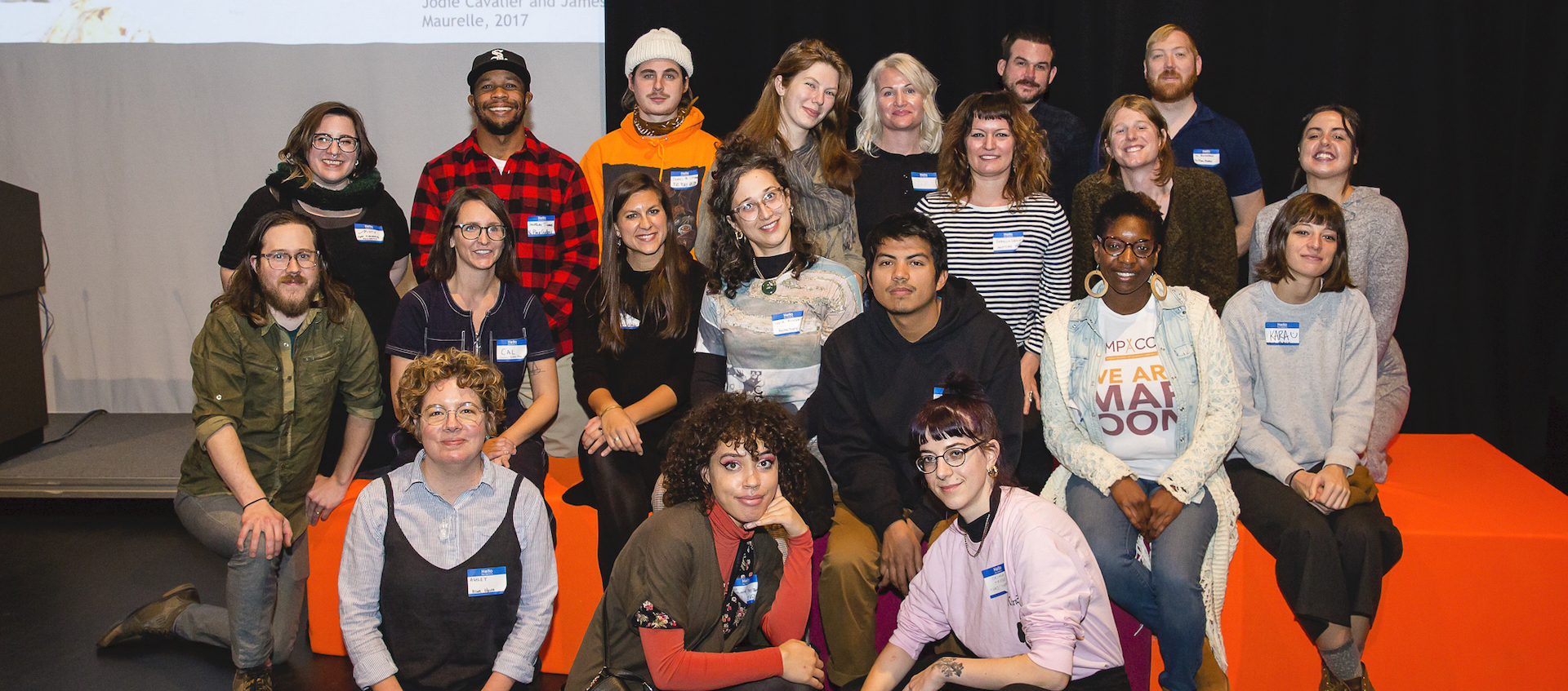 Representatives of current and past DIY artist spaces in Ohio pose together for a photo during the public event hear here: artist-run spaces and collectives in Ohio November 16, 2019 at the Wexner Center for the Arts 