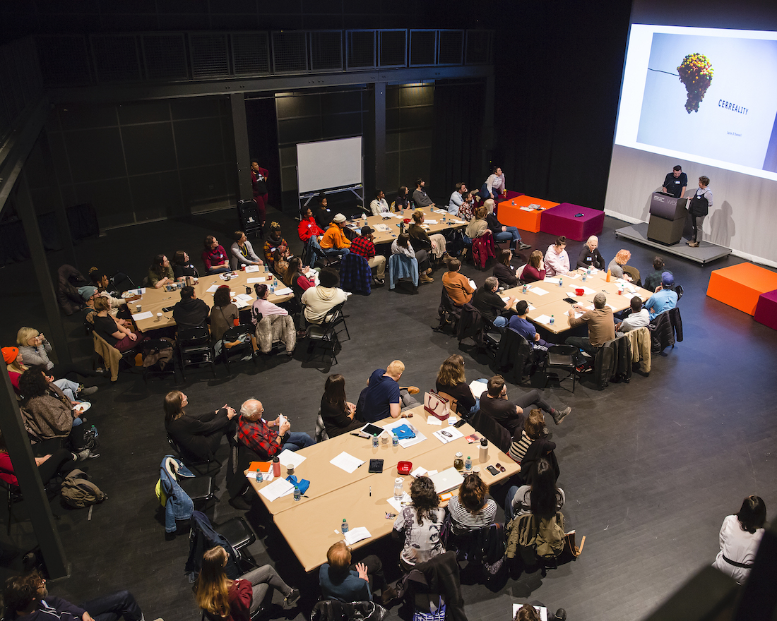 An overhead shot of the November 16, 2019 event hear here: artist-run spaces and collectives in Ohio, in the Performance Space at the Wexner Center for the Arts. Photo: Katie Spengler Gentry