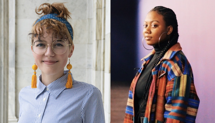 Side by side pictures of Kat Arndt, a young white woman with bangs, a top bun, glasses, orange dangly earrings, and a blue button-up shirt, and of Dejiah Archie-Davis, a young woman of color in 3/4 profile with long braids, wearing a black turtleneck, large hoop earrings and a bright patterned coat. Both are Spring 2020 interns at the Wexner Center for the Arts