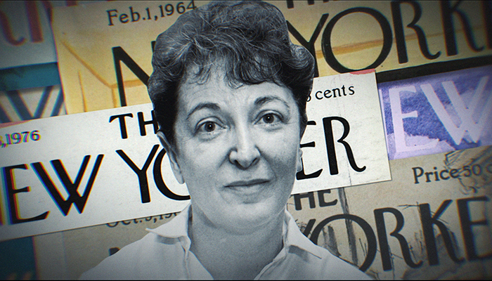 head shot of film critic Pauline Kael with a background of "New Yorker" magazine covers