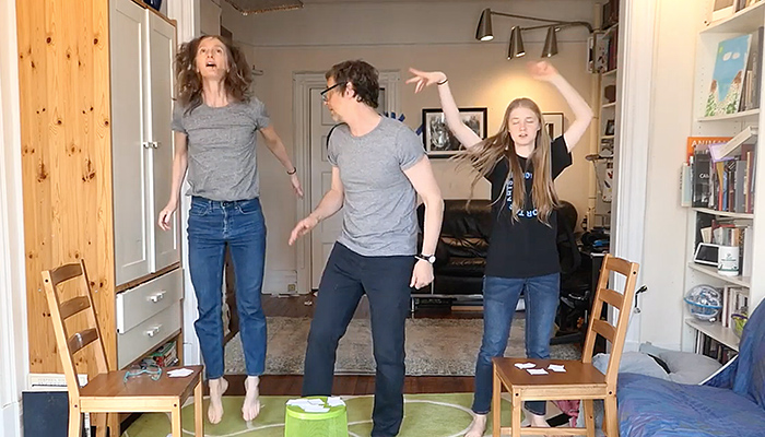 Choreographer Kimberly Bartosik and family doing an at-home movement game as part of the Onassis Foundation's "Enter" project