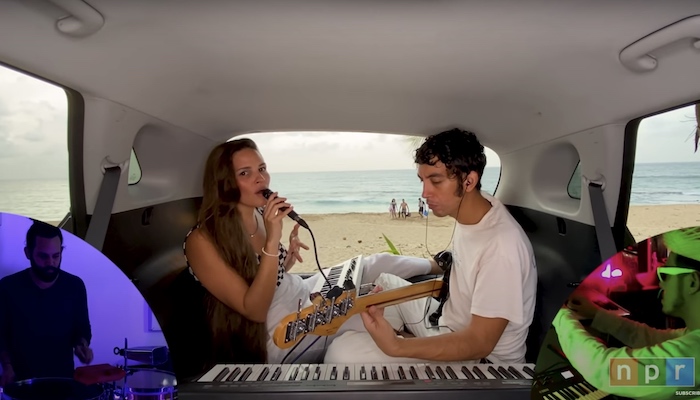 Puerto Rico band Buscabulla performs inside a car for an edition of NPR's Tiny Desk Home Concerts