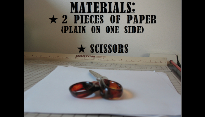 A text graphic listing materials needed to produce a mini 'zine, laid over an image of those materials and a ruler on a drawing board