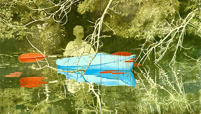 Canoe Gathering 3 by Nick Stull, a mixed media painting of an individual in a blue boat with an orange tipped oar in a green-tinted scene of water and trees