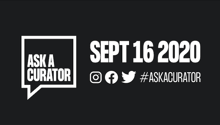 Ask a Curator logo with related hashtag and 2020 date in white on a black background