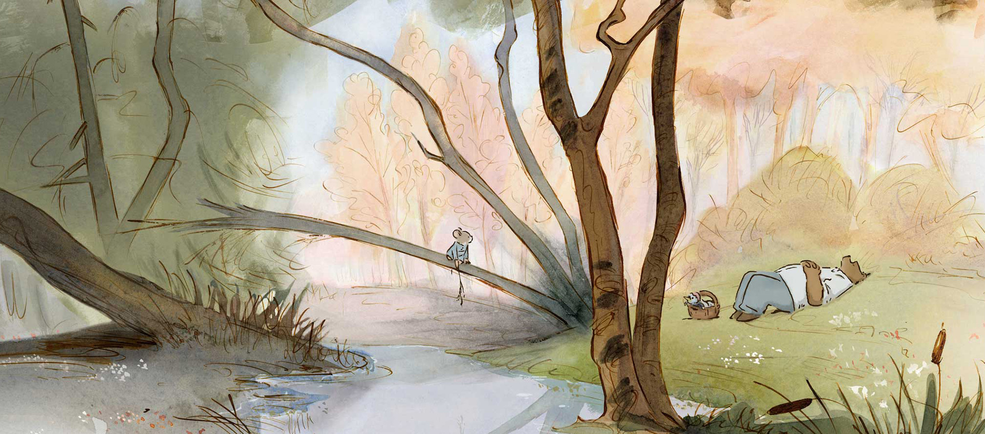 Celestine the mouse sits on a branch overhanging a river while Ernest the bear relaxes on the bank in the grass.