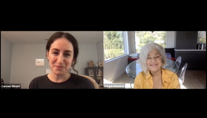 Screen capture of a Zoom video conversation between artist Carmen Winant and filmmaker Margaret Lazarus