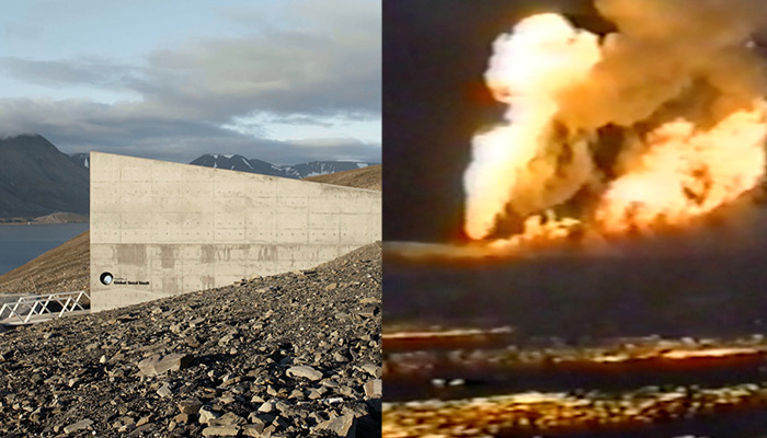 A split image with a still from Frank Heath's Midnight Sun on the left (featuring a view of the Svalbard Global Seed Vault's concrete exterior) and Monira Al Qadiri's Behind the Sun on the right (a view of burning oil fields in Kuwait circa 1991)