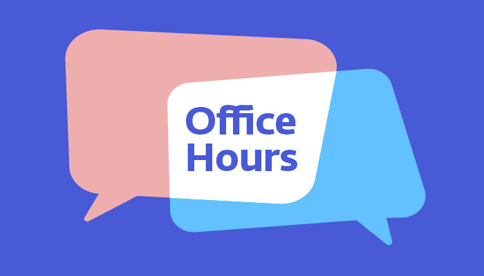 Office Hours logo is on a blue background with the words office hours written in a text bubble