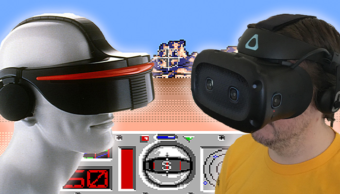 An image of two people wearing VR headsets in front of a video game backdrop
