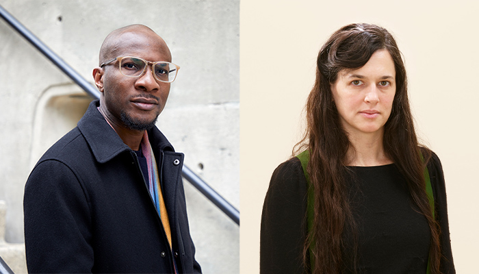On the left a photo of Teju Cole standing in front of a stairwell, he is wearing eyeglasses and a black jacket. On the right a photo of Taryn Simon standing in front of a blank wall. She is wearing a black shirt.
