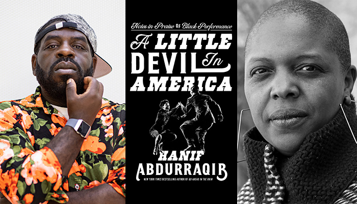 Three images: Hanif Abdurraqib in cap and colorful shirt, his hand is touching his chin, a cover of the book A LIttle Devil in America, and a black and white image of Dr. Terri Francis