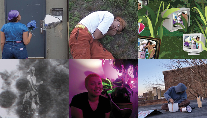 A collection of six images, three on top and three on bottom. On top row, from left: a person with purple stands with their back to the camera, in center a person in a white shirt and orange pants lays on the ground, in the third a digitally generted image of computer monitors sittings in among grass. On the bottom row, from left: a black and white blurred image, and image of a person bathed in purple light, and in the third a person standing outside with a megaphone.