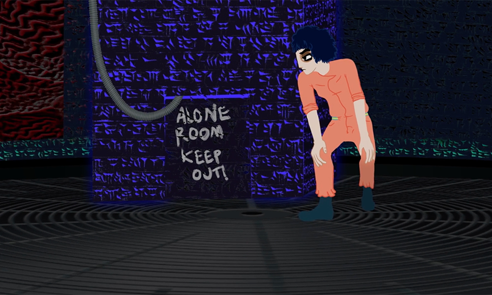 A figure with dark hair and a pink body suit hunches over looking at a sign that reads "Alone Room Keep Out"