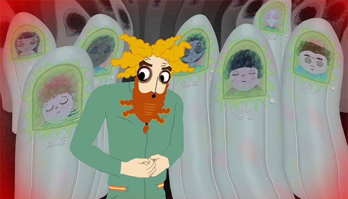 An image of a cartoon figure with a red beard and yellow, frizzy hair. Behind the figure are several gray tubes, each with a person inside.