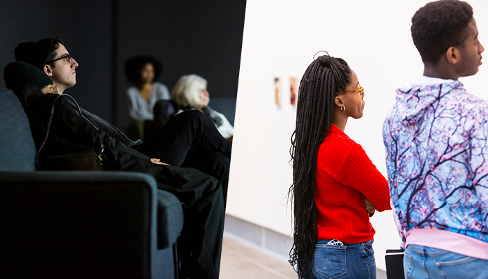 Two images: one of a group of people seated in a darkened theater the other of two people standing in an art gallery looking at paintings on the wall