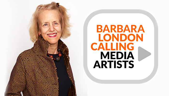 A photo of curator Barbara London next to the logo for her new podcast series Barbara London Calling